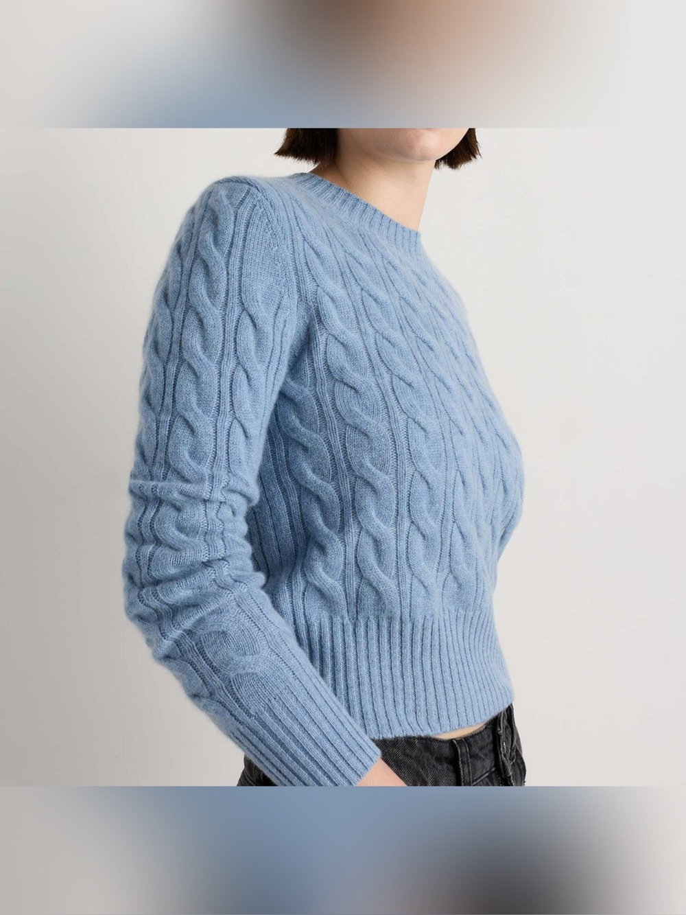 Quince Mongolian Cashmere Shrunken Cable Crewneck Sweater Color- Faded Denim